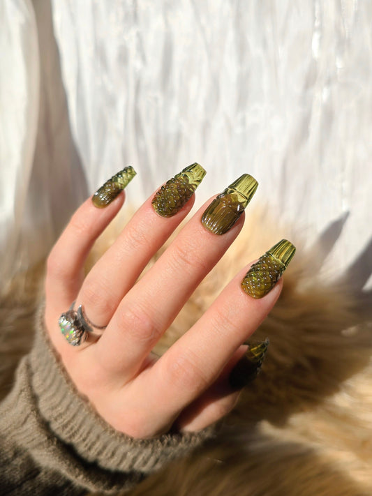 Avocado Green Vintage Glass Press On Nails