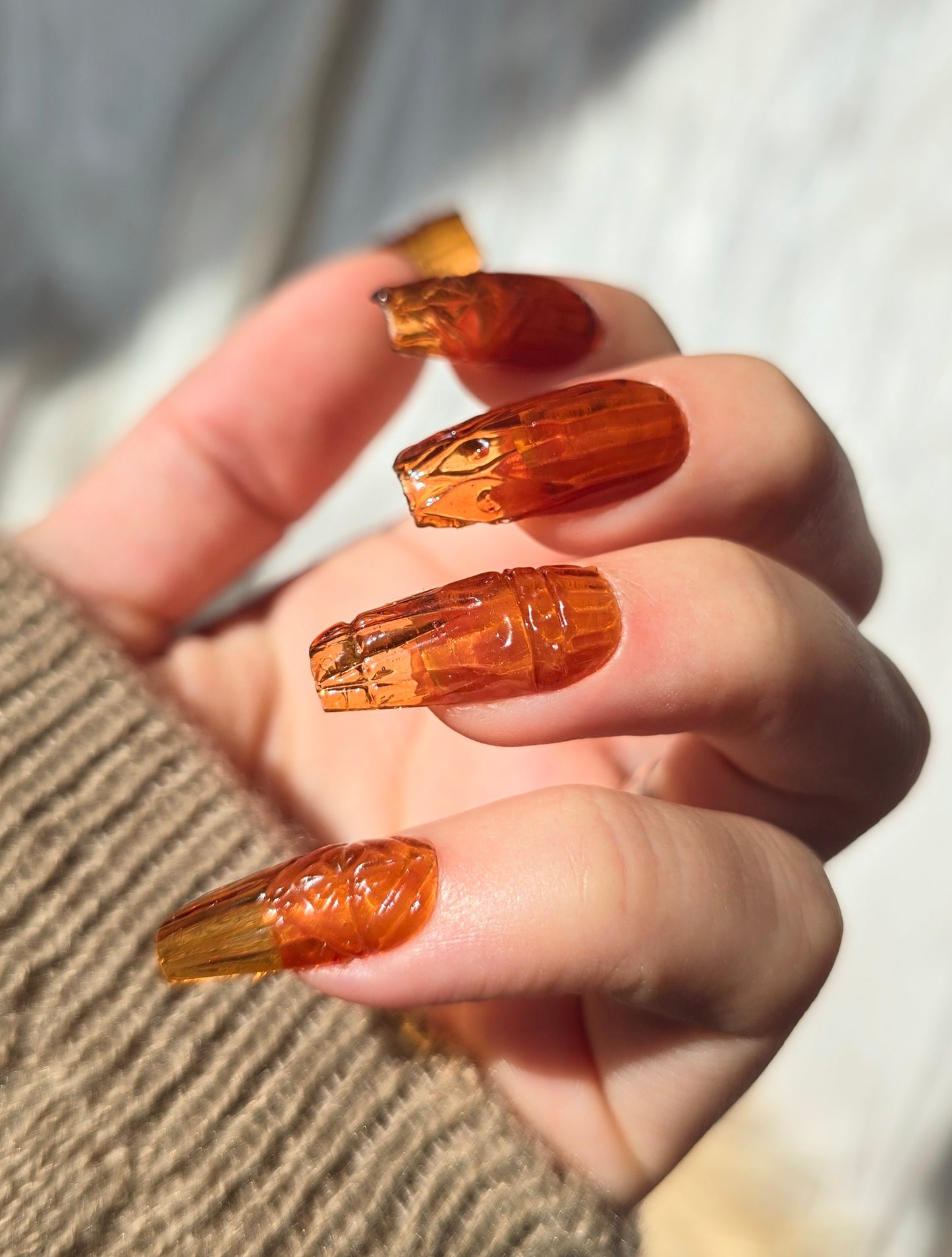 Amber Brown Vintage Style Glass Press On Nails