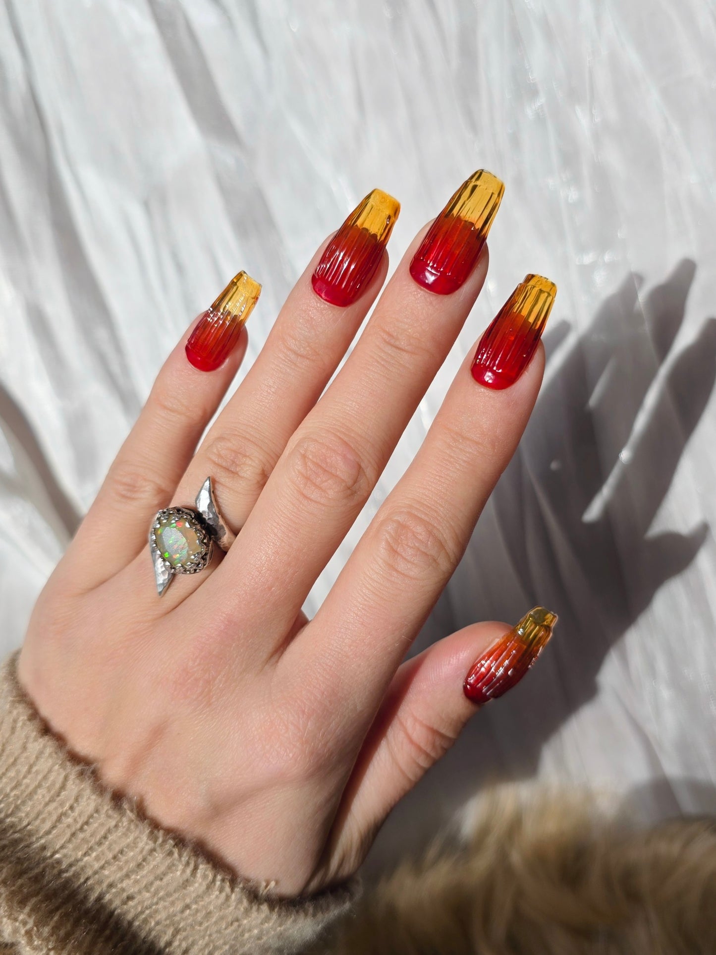 Amberina Ombre Yellow and Red Ribbed Glass Nails