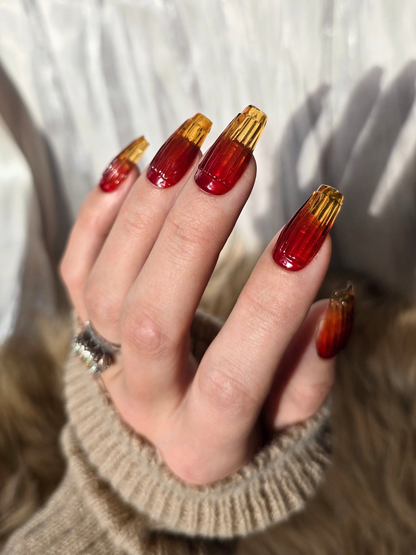 Amberina Ombre Yellow and Red Ribbed Glass Nails