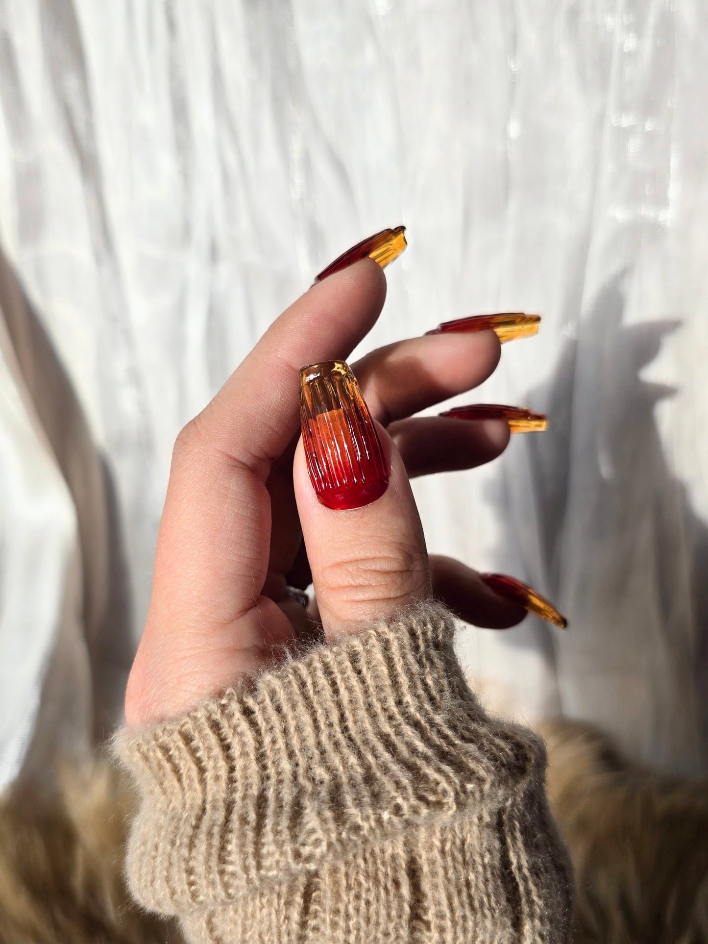 Amberina Ombre Yellow and Red Ribbed Glass Nails