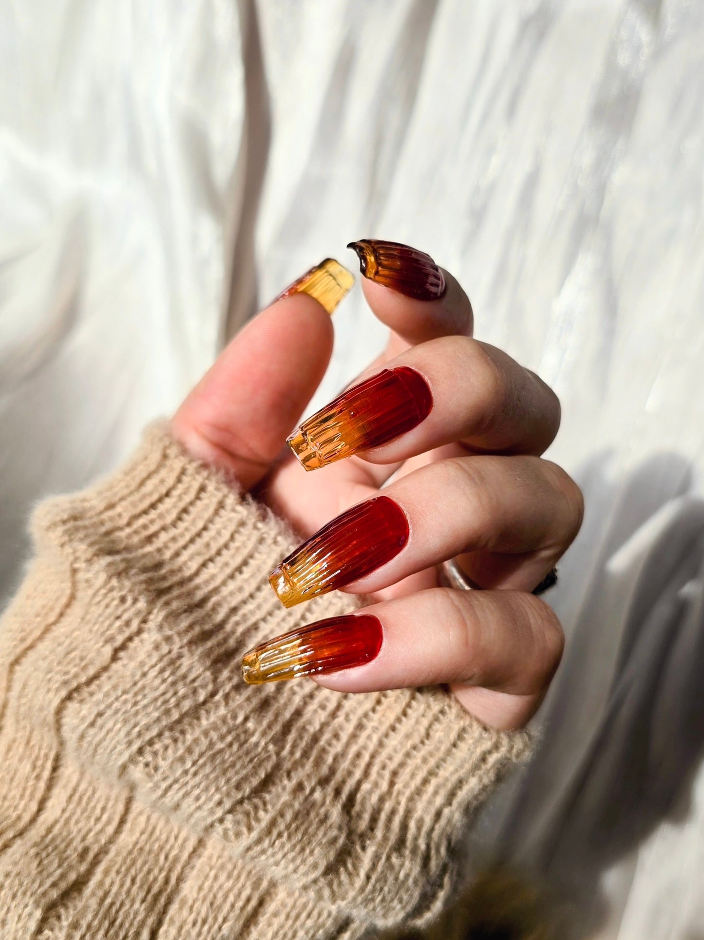 Amberina Ombre Yellow and Red Ribbed Glass Nails