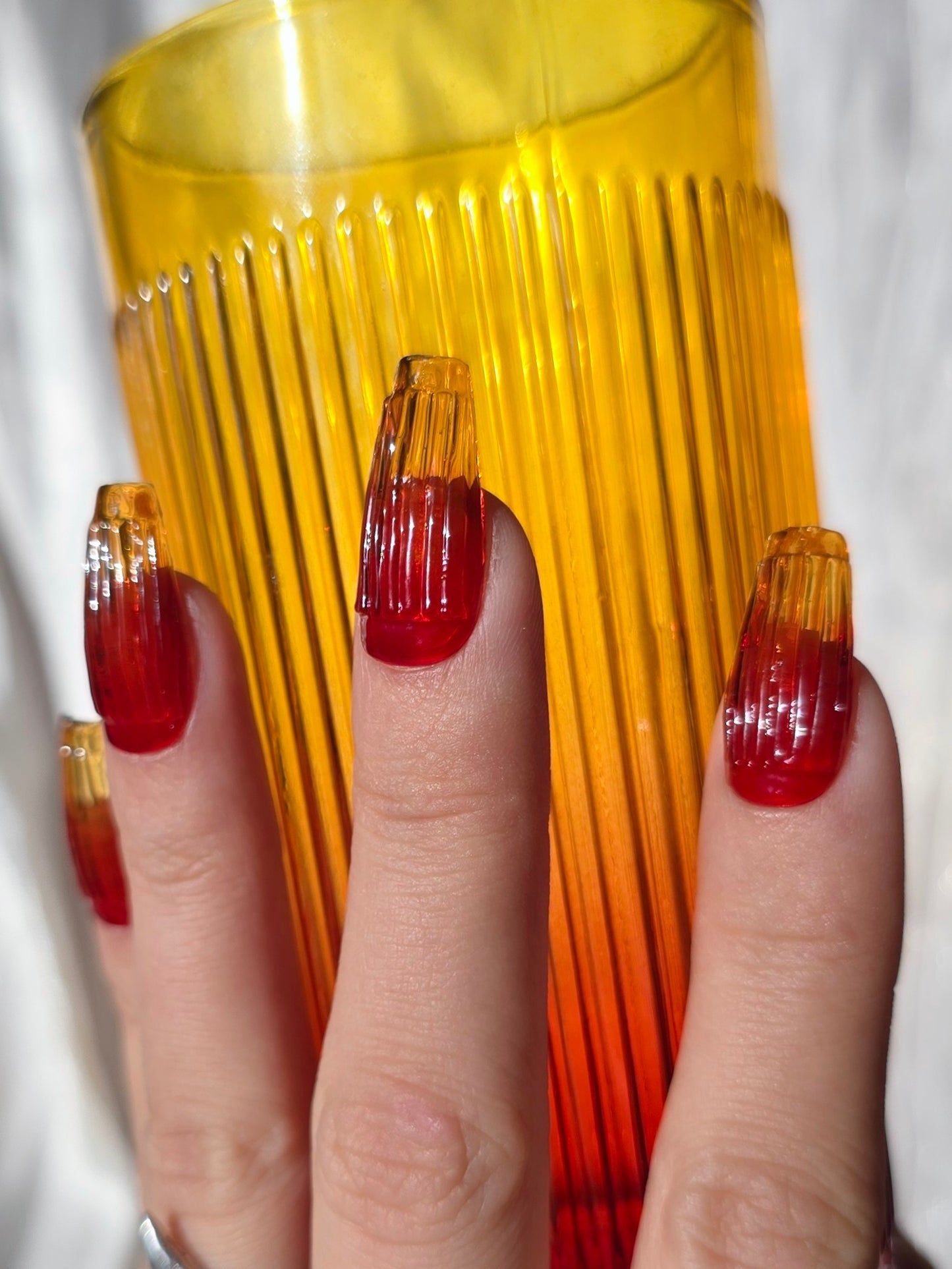 Amberina Ombre Yellow and Red Ribbed Glass Nails