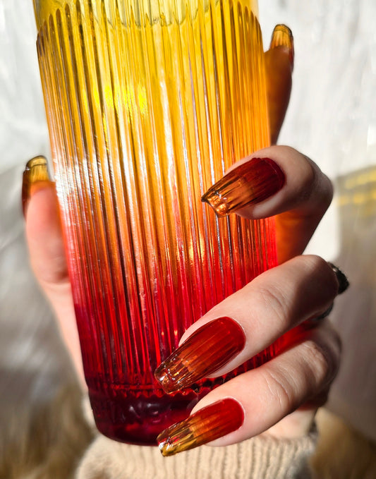 Amberina Ombre Yellow and Red Ribbed Glass Nails