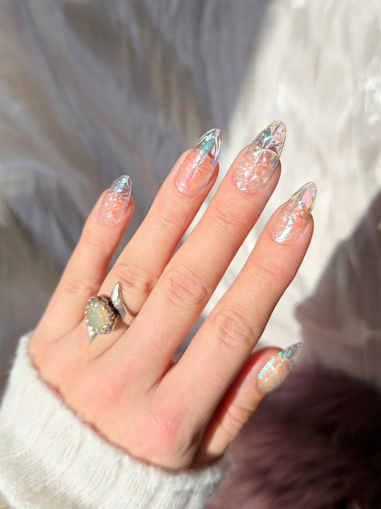 Almond Iridescent Clear Carnival Glass Nails