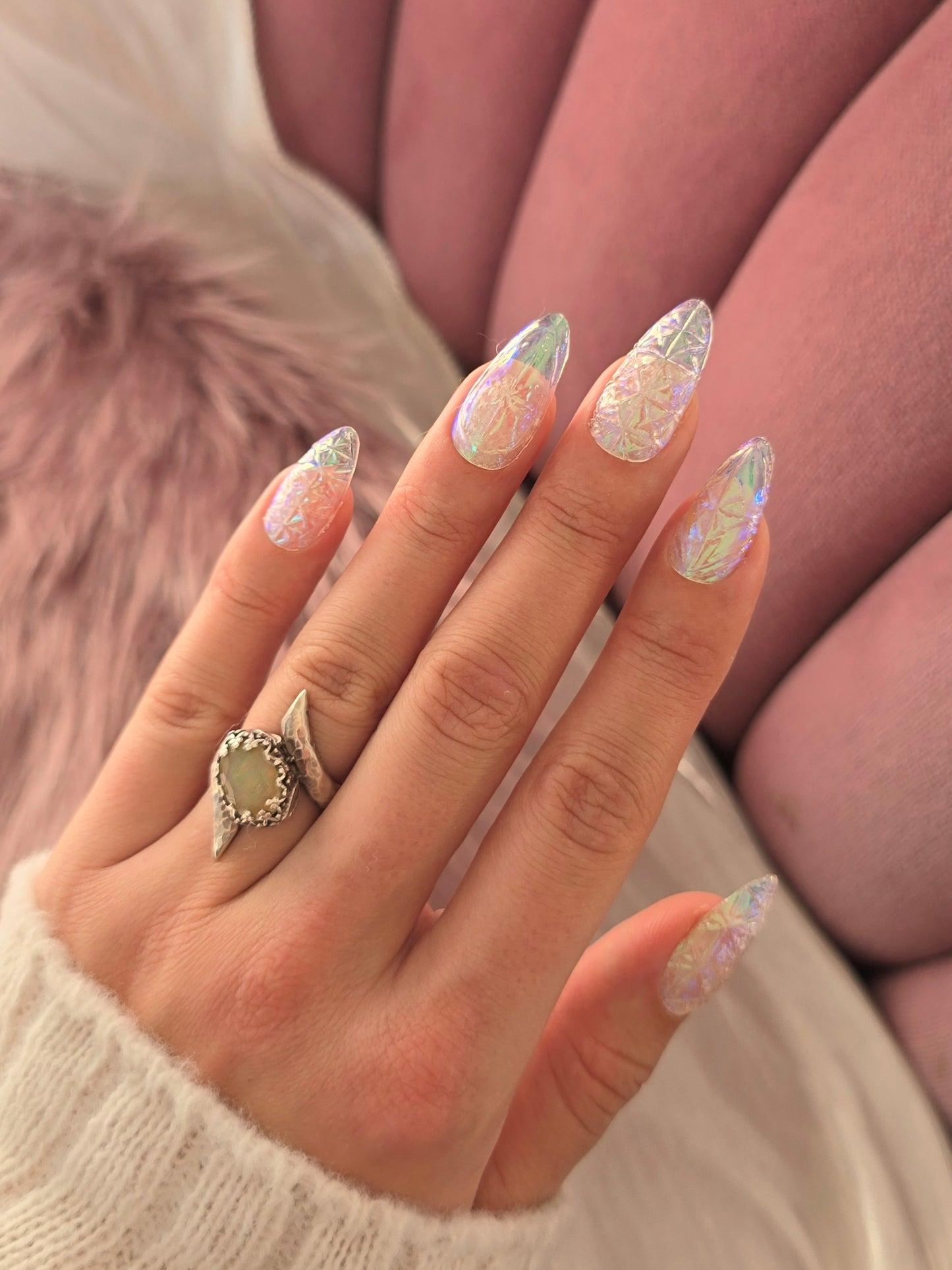 Almond Iridescent Clear Carnival Glass Nails