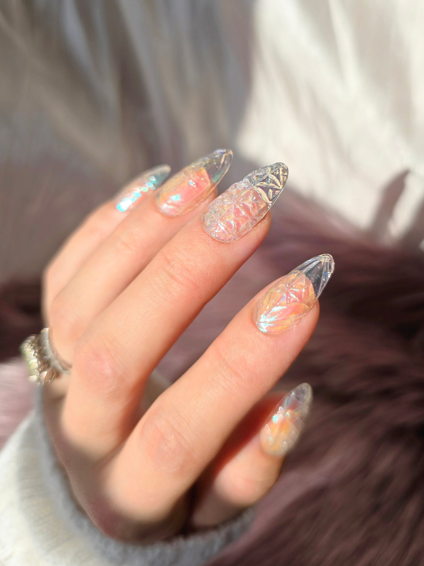 Almond Iridescent Clear Carnival Glass Nails