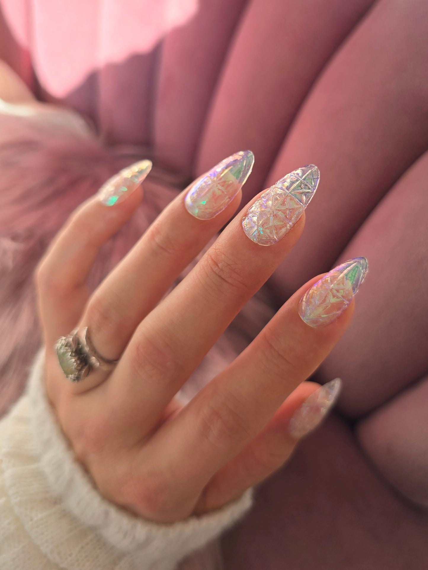 Almond Iridescent Clear Carnival Glass Nails