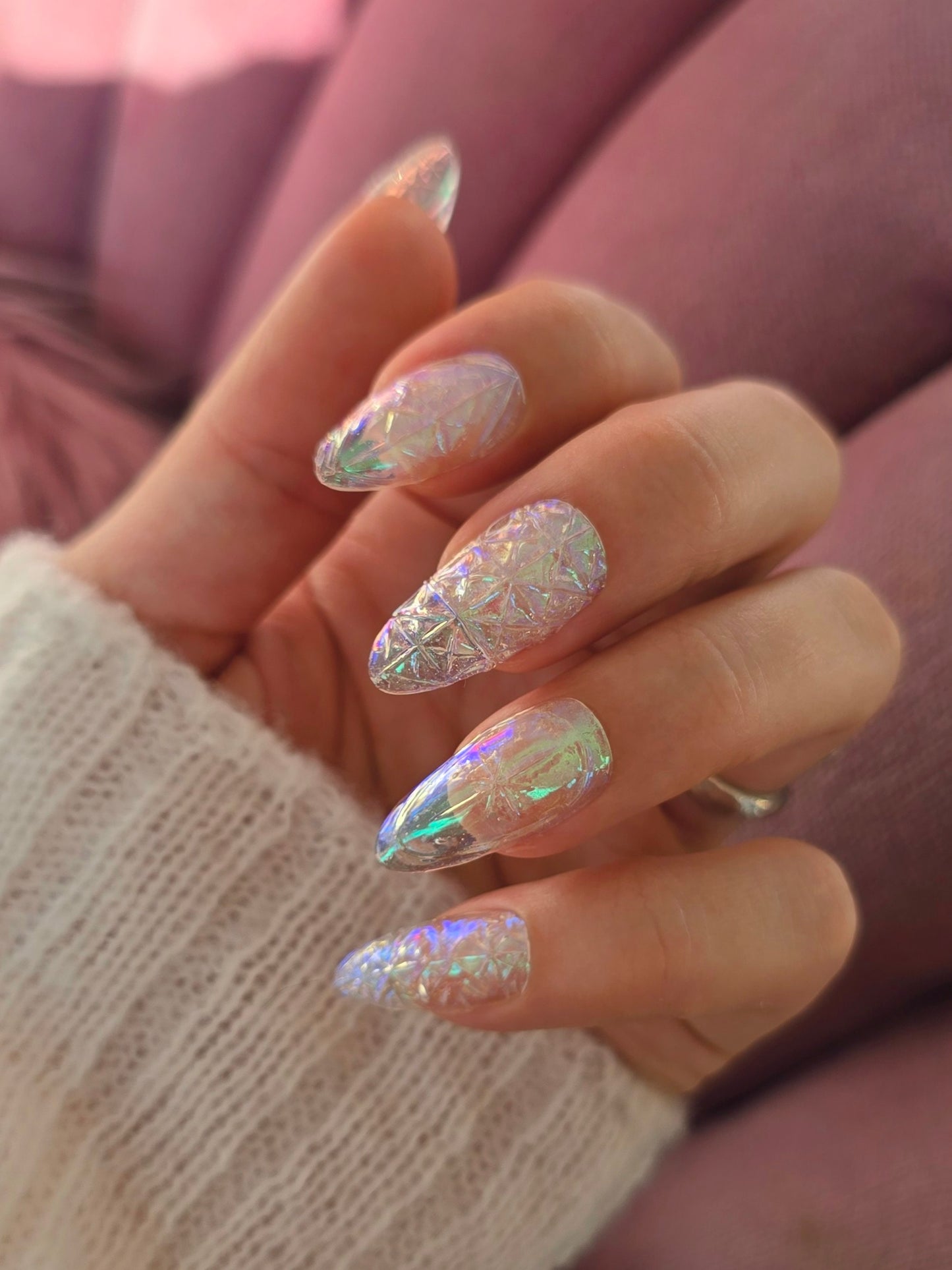 Almond Iridescent Clear Carnival Glass Nails