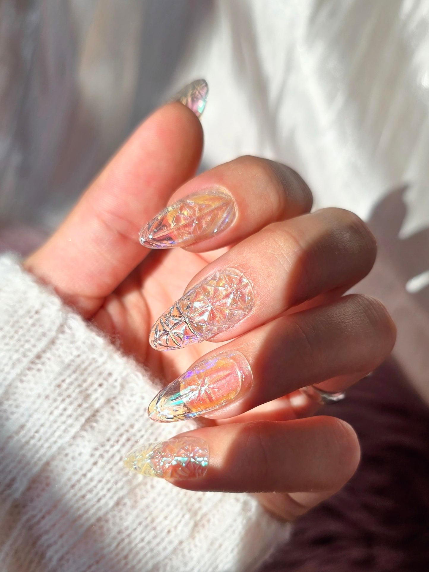 Almond Iridescent Clear Carnival Glass Nails